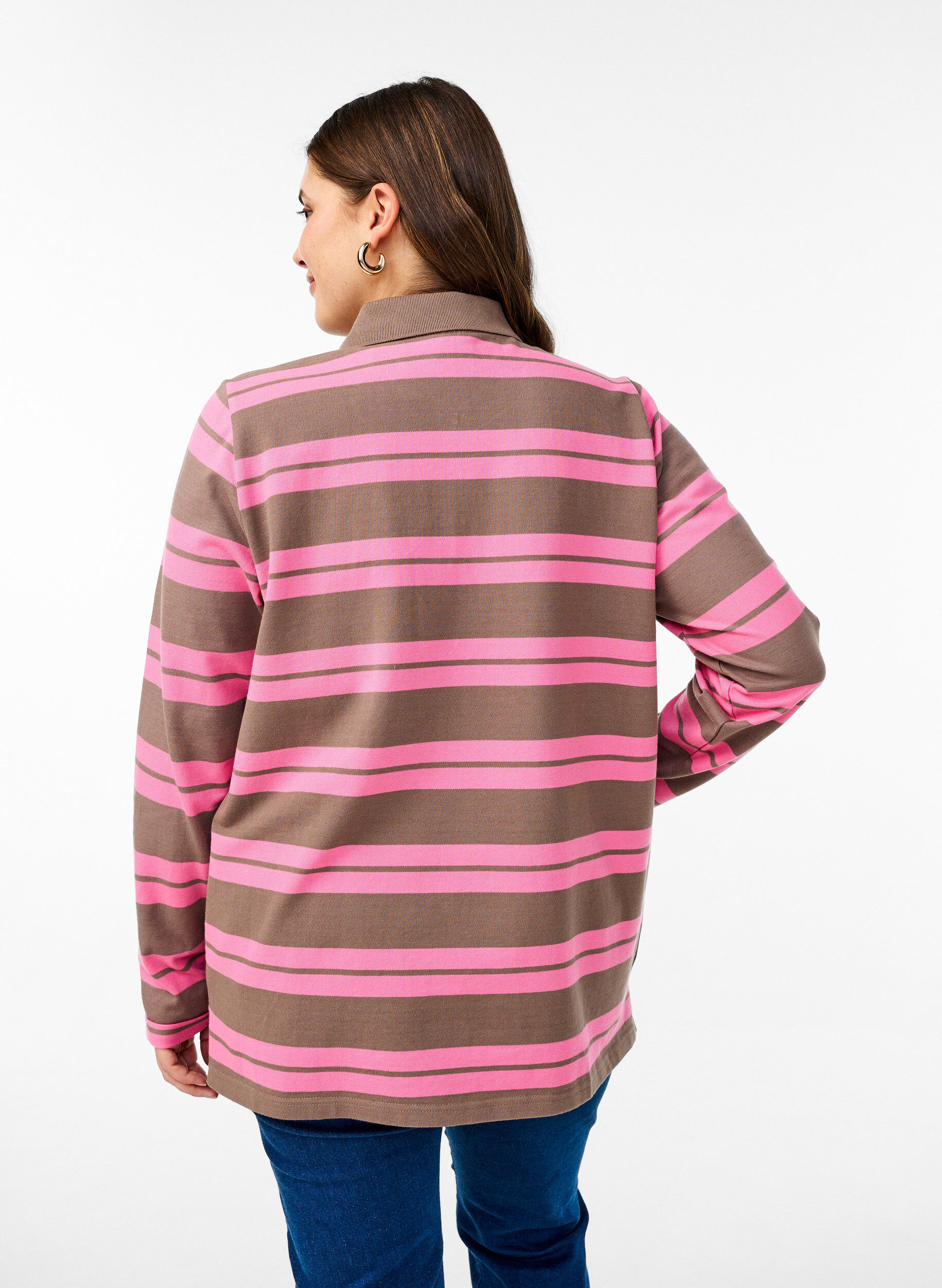 Zizzifashion Striped polo shirt with long sleeves, Pink, Model image number 2