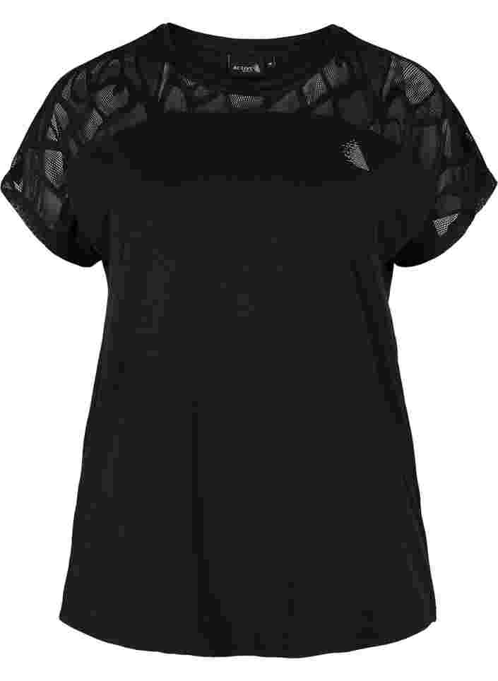 Short-sleeved sports t-shirt with patterned mesh, Black, Packshot image number 0