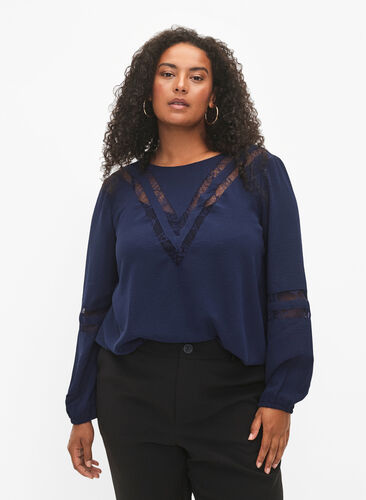 Long-sleeved blouse with lace, Navy Blazer, Model image number 0