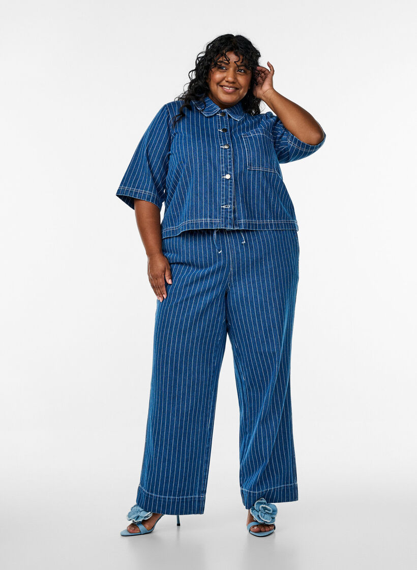 Wide-leg denim jeans with stripes, Blue, Model image number 0