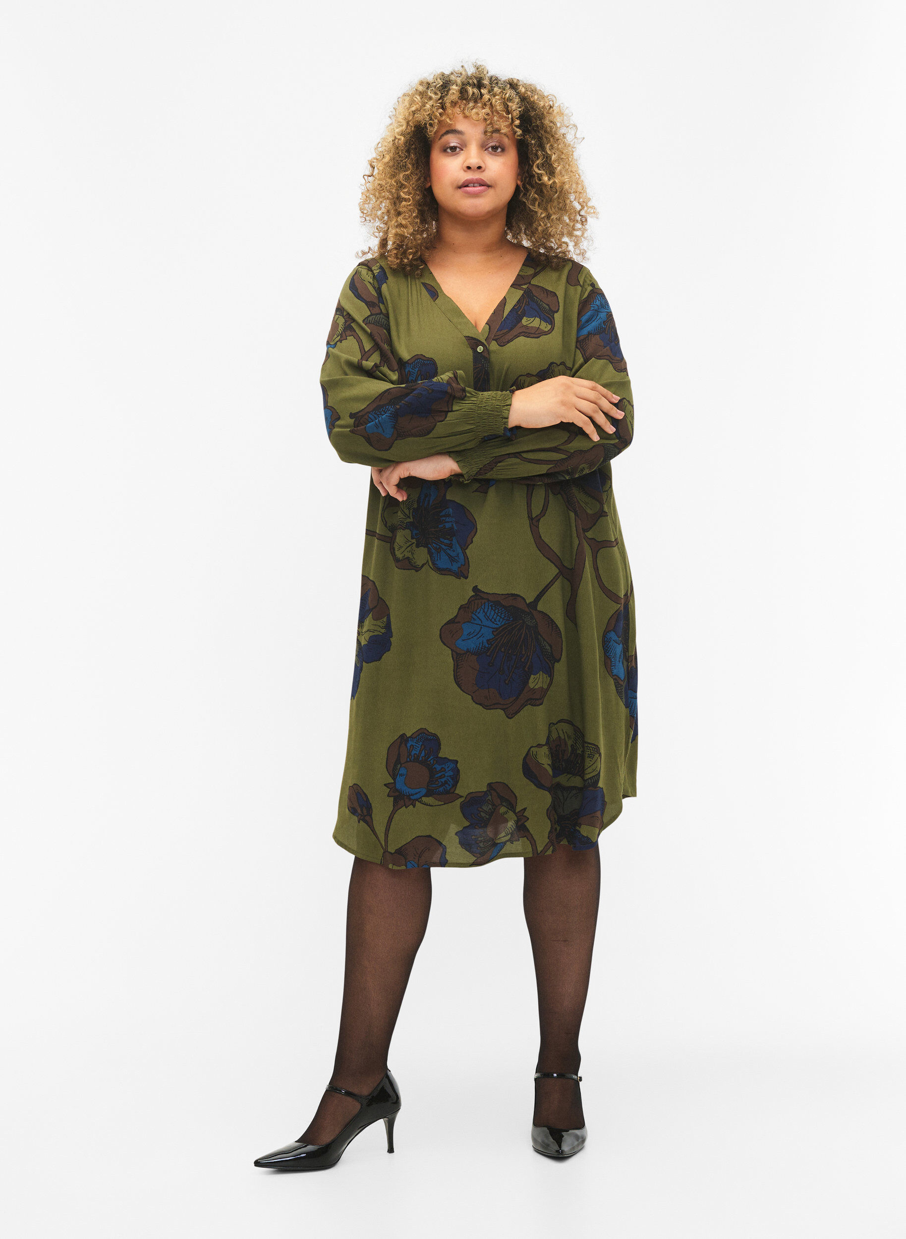 ZizzifashionPrinted viscose dress, Green, Model image number 1