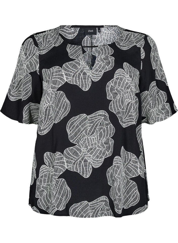 Short sleeve viscose Blouse with print, Black, Packshot image number 0