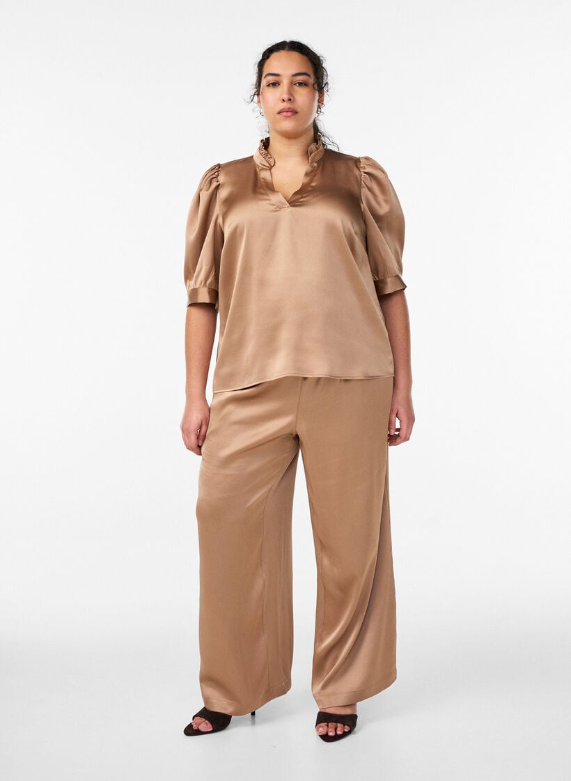 Satin-look trousers with wide, straight legs, Brown, Model