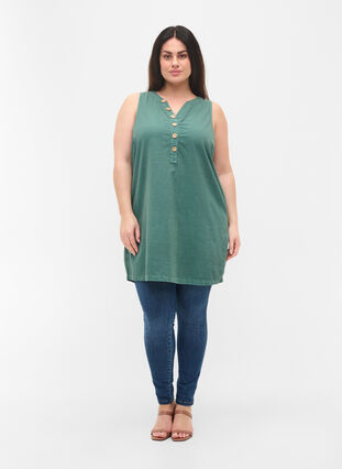 Sleeveless cotton tunic with buttons, Sea Pine, Model image number 2