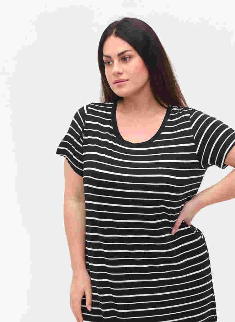 Striped short-sleeved midi dress, Black w. Stripe, Model image number 1