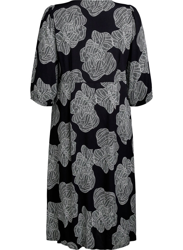 Midi dress with floral print and 3/4 sleeves, Black, Packshot image number 1