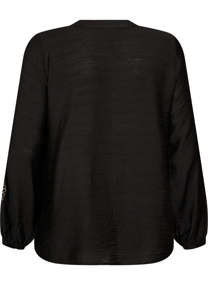 Viscose shirt with embroidered sleeves, Black, Packshot image number 1