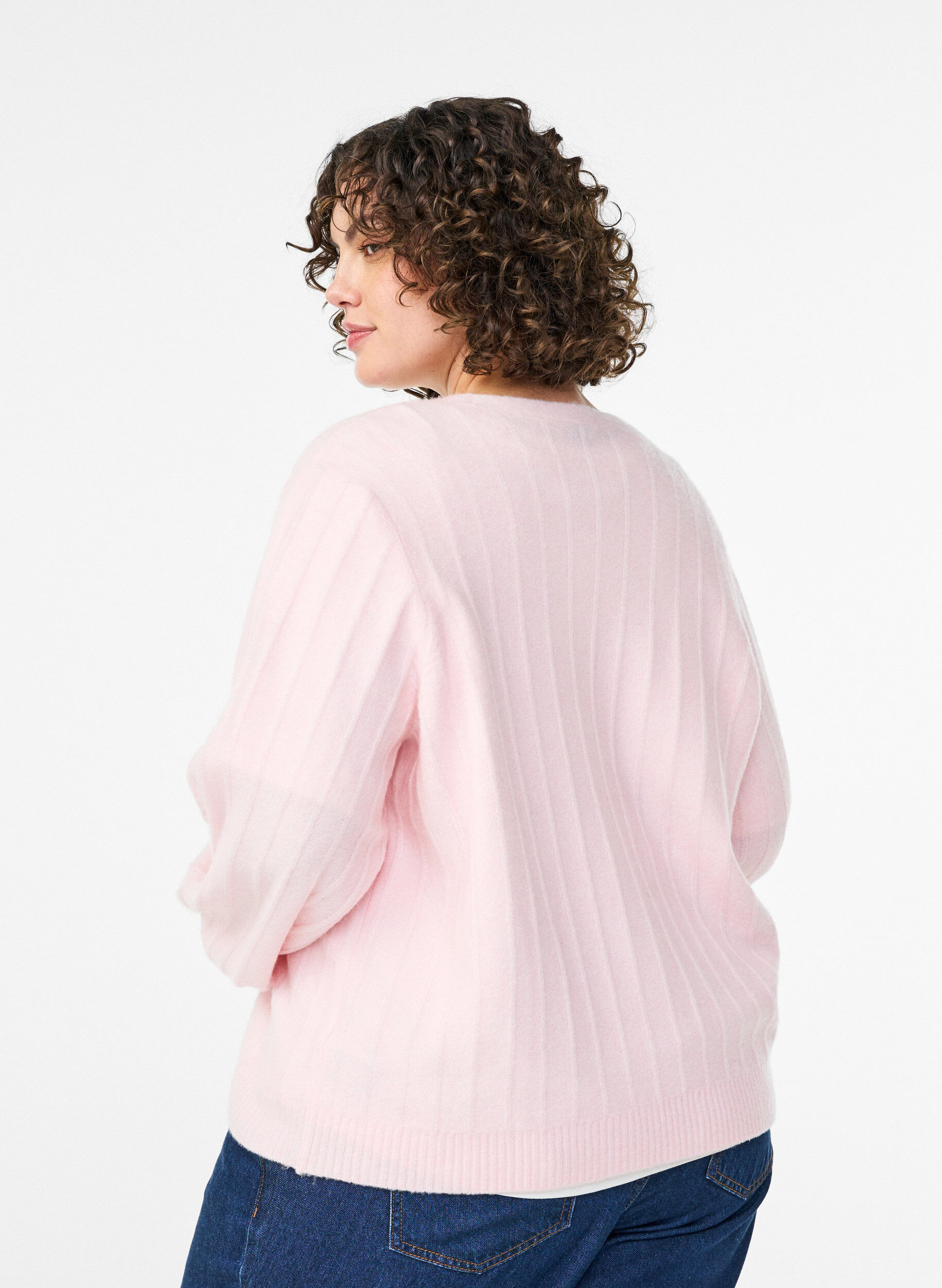 Zizzifashion Cardigan with a ribbed texture and balloon sleeves, Pink, Model image number 2
