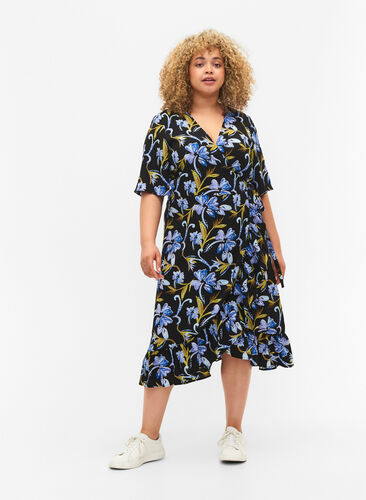Printed wrap dress with short sleeves, Black Blue Flower, Model image number 0