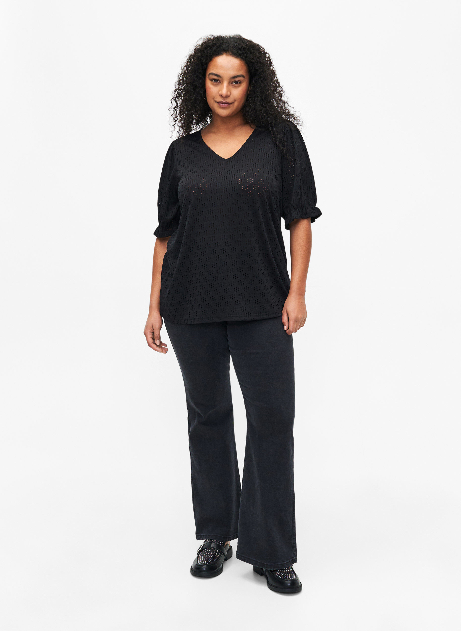 Zizzifashion V-neck blouse with hole pattern, Black, Model image number 2