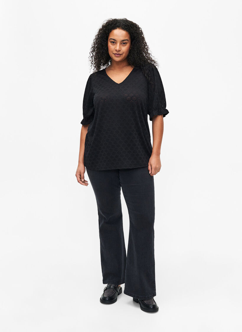 V-neck blouse with hole pattern, Black, Model image number 2