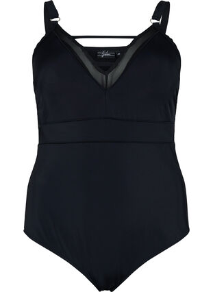Swimsuit with V-neck and mesh, Black, Packshot image number 0