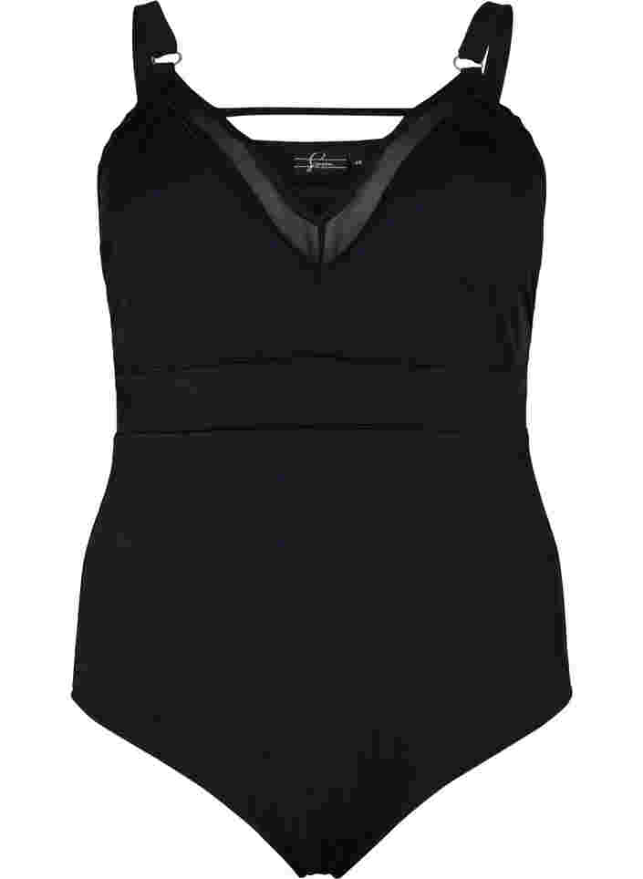 Swimsuit with V-neck and mesh, Black, Packshot image number 0