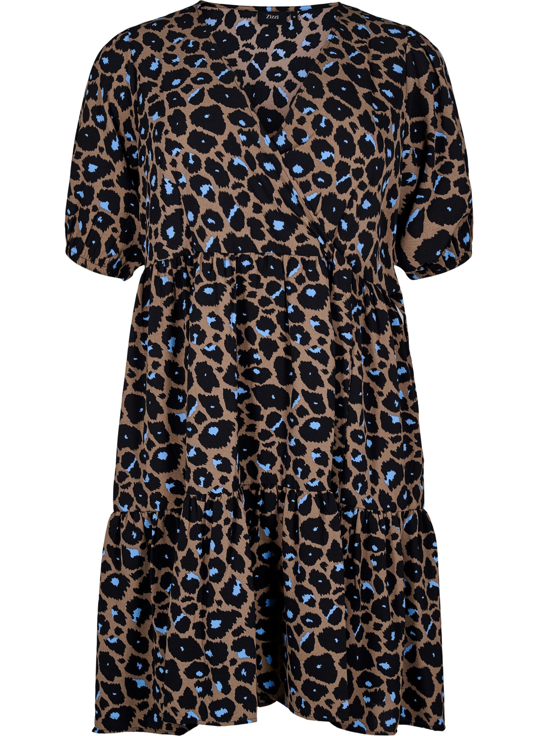 Zizzifashion Wrap dress with short sleeves, Fossil w.Bl.Leo AOP, Packshot image number 0
