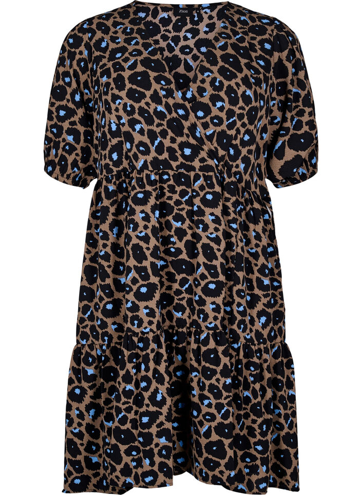 Wrap dress with short sleeves, Fossil w.Bl.Leo AOP, Packshot image number 0