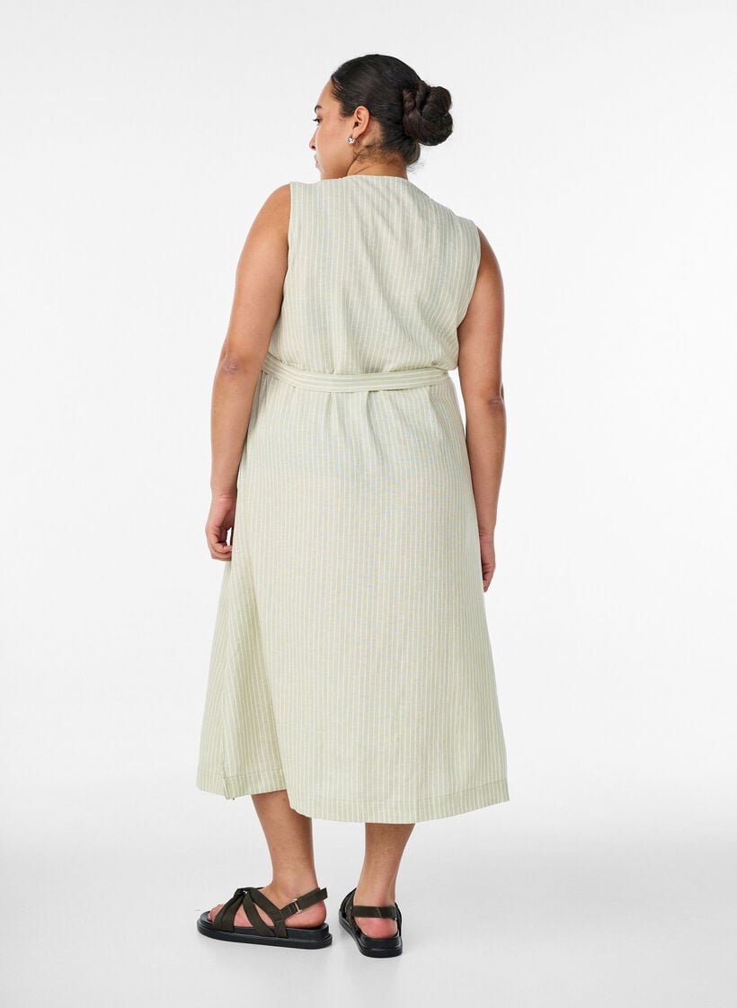 Sleeveless striped midi dress in linen and viscose, Green, Model image number 1