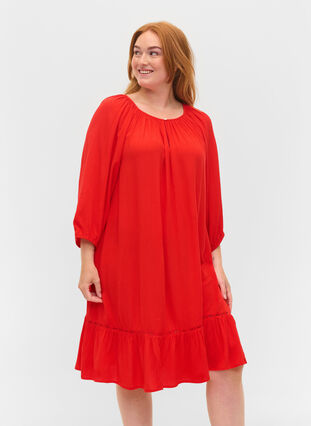 Viscose dress with 3/4 sleeves, Fiery Red, Model image number 0