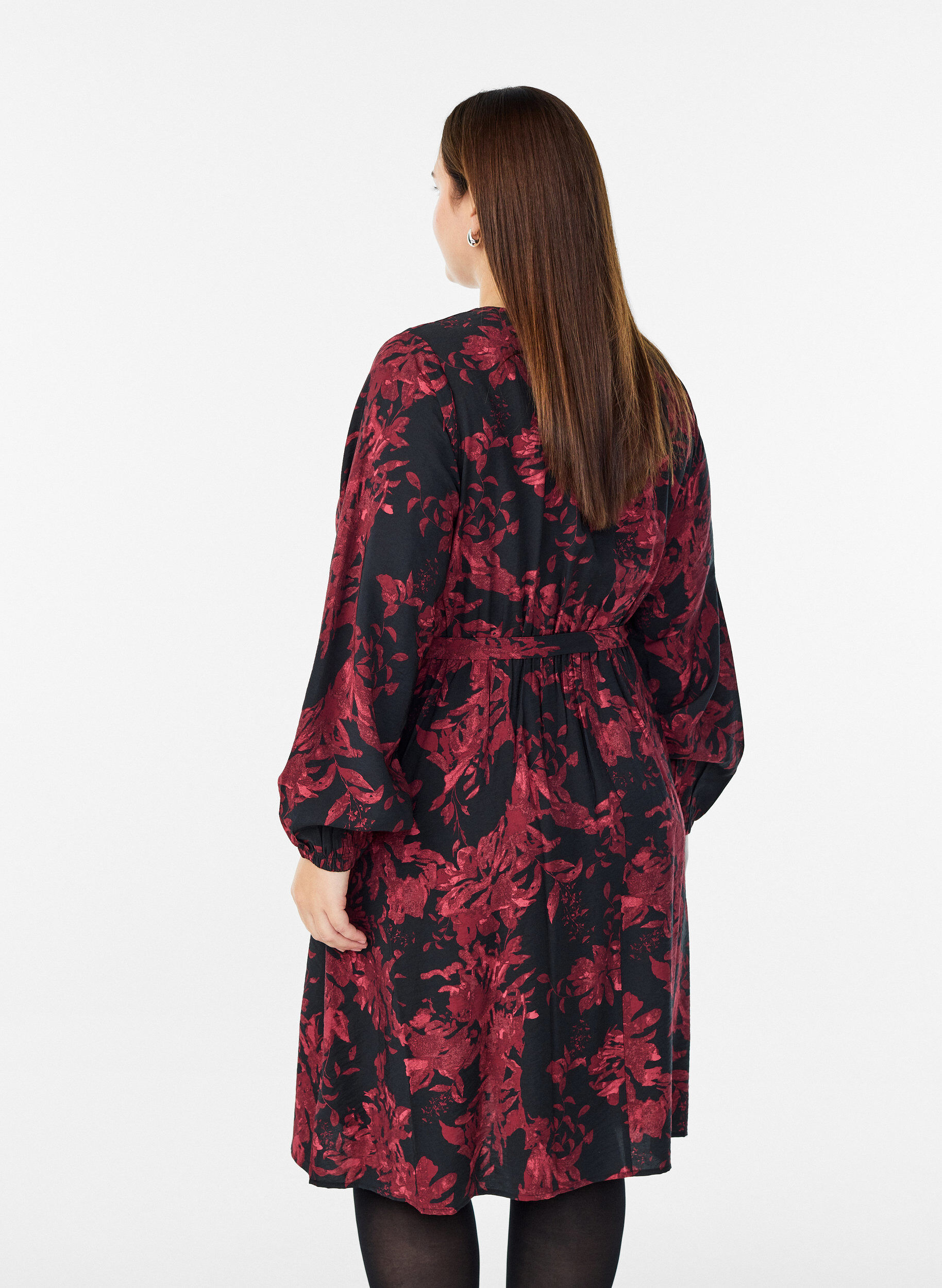 Zizzifashion Knee-length dress with tie-belt and wrap-look, Black, Model image number 2