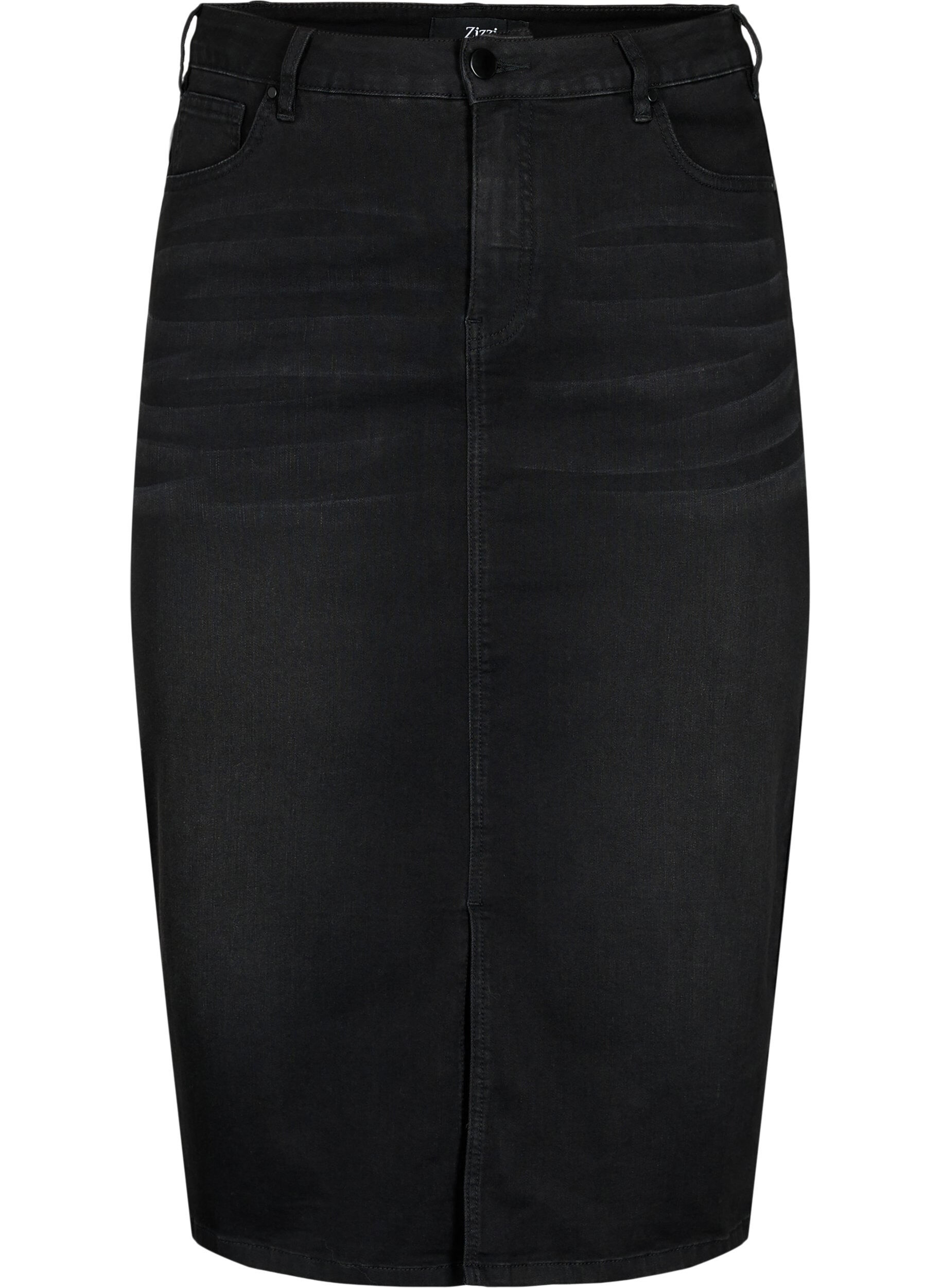 Zizzifashion Denim midi skirt with slits, Black, Packshot image number 0