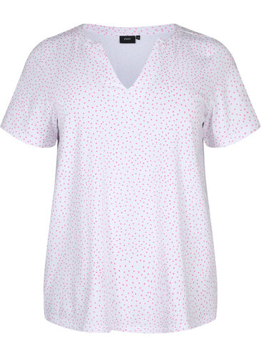 Cotton t-shirt with dots and v-neck, B.White/S. Pink Dot, Packshot image number 0