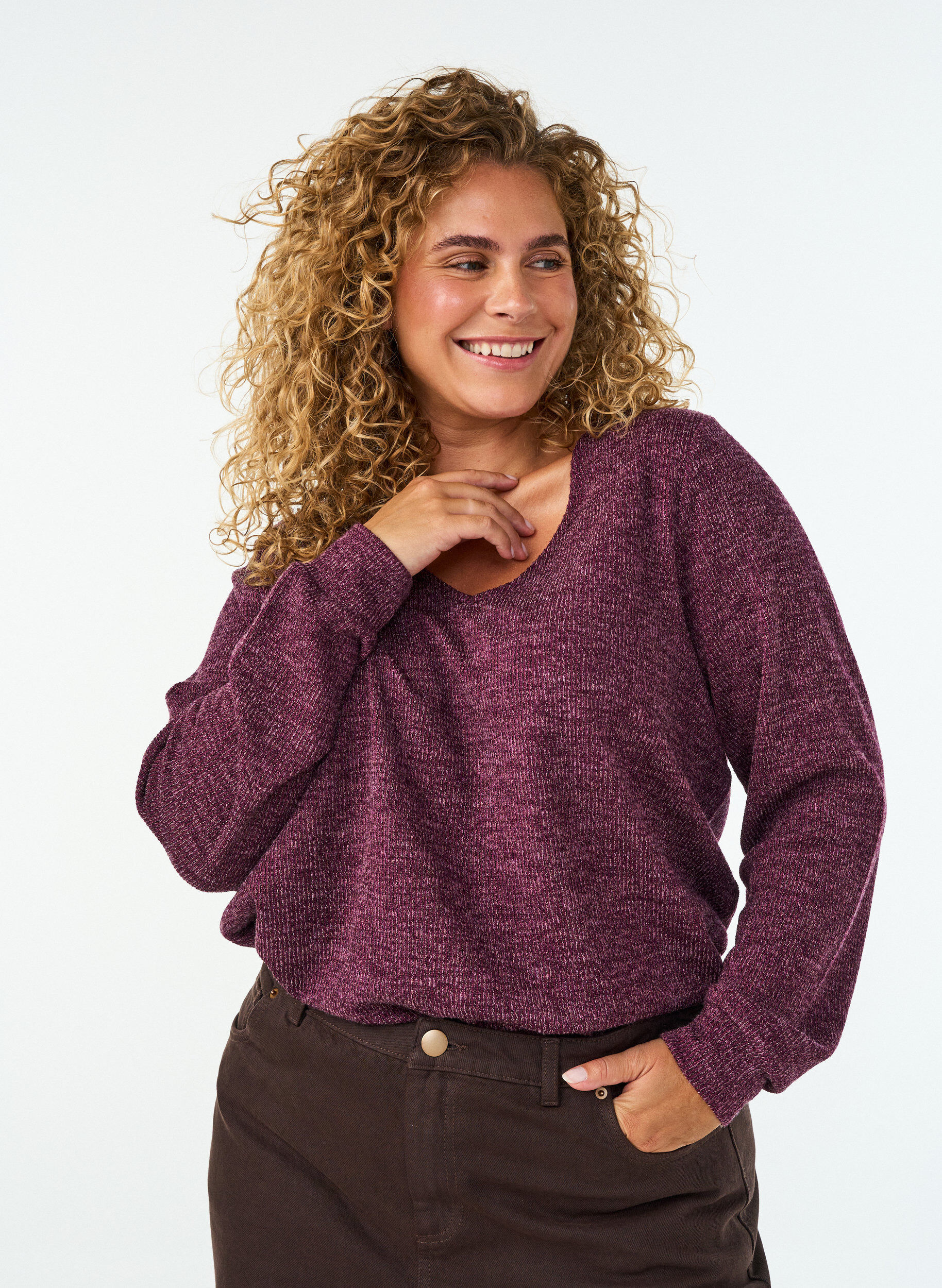 ZizzifashionJersey blouse with a V-neck and long sleeves, Dark Bordeaux, Model image number 0