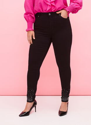 High-waisted Amy jeans with rhinestones, Black, Model image number 2
