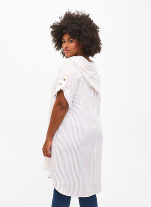 Short-sleeved viscose tunic with hood, White Natural Stripe, Model image number 1