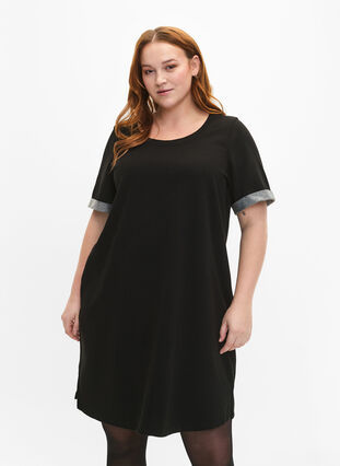 Short-sleeved sweat dress with pockets, Black, Model image number 0