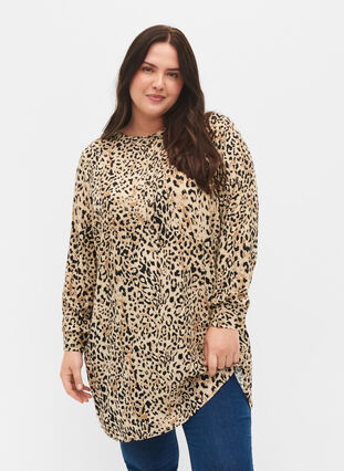 Leo printed tunic with long sleeves in viscose, Humus Leo, Model image number 0