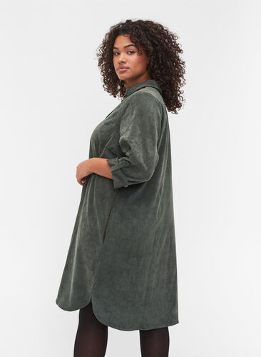 Velvet dress with 3/4-length sleeves and buttons, Deep Forest, Model image number 1