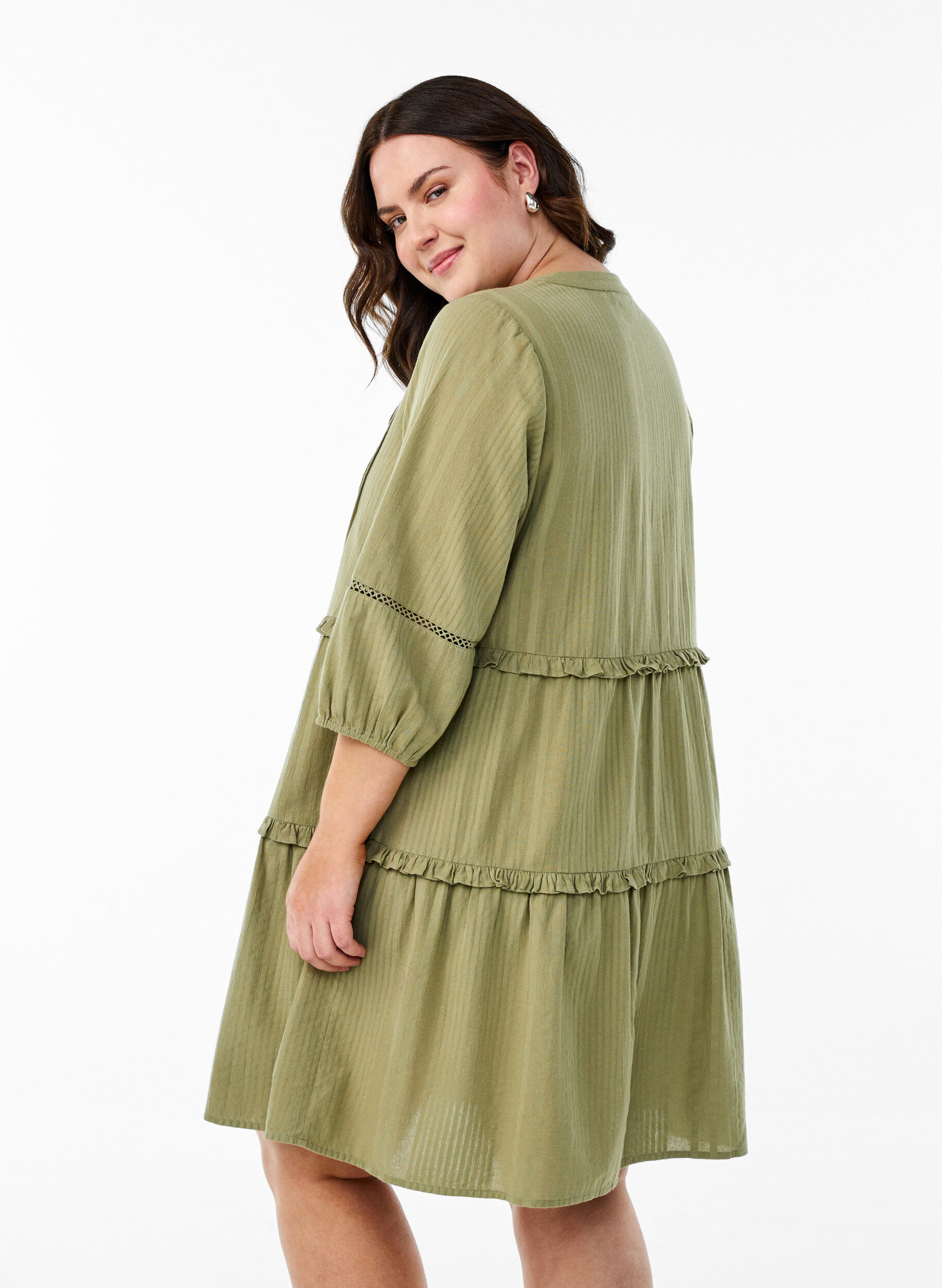 Zizzifashion 3/4 sleeve cotton dress with ruffles, Green, Model image number 2