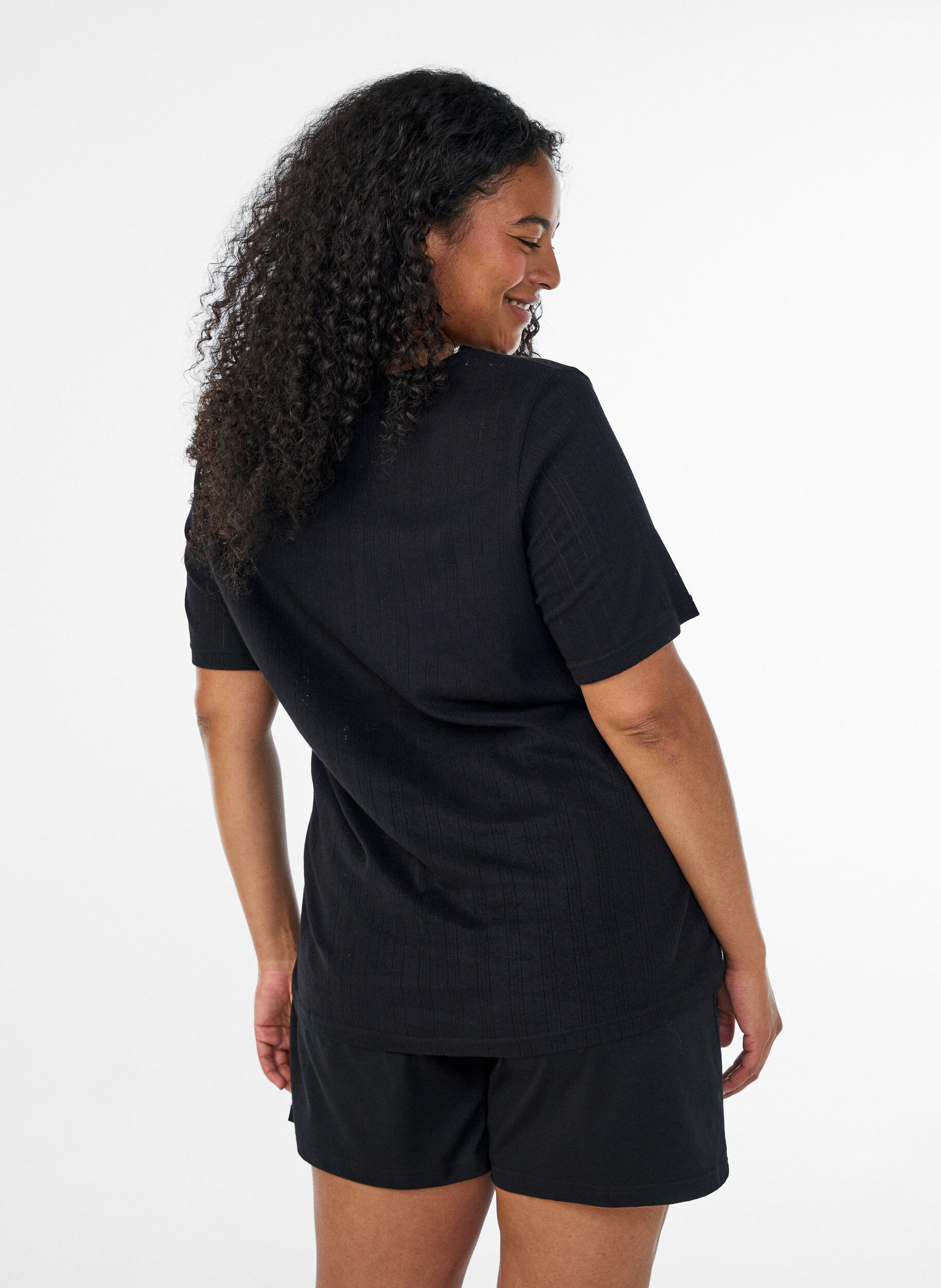 ZizzifashionNight top in organic cotton with eyelet embroidery, Black, Model image number 2