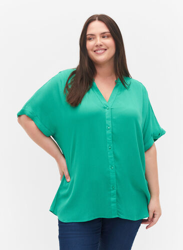 Short-sleeved viscose shirt with v-neck, Holly Green, Model image number 0