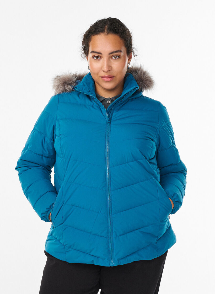Short puffer jacket with hood, Petrol, Model image number 0