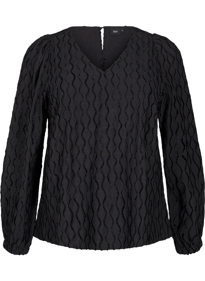 Long-sleeved patterned blouse with a V-neck, Black, Packshot image number 0