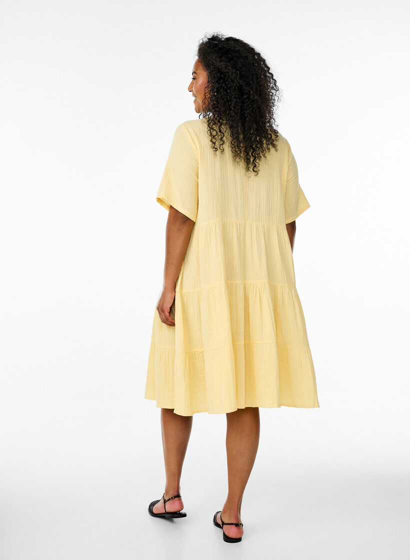Knee-length cotton muslin dress with an A-line cut, Yellow, Model image number 2