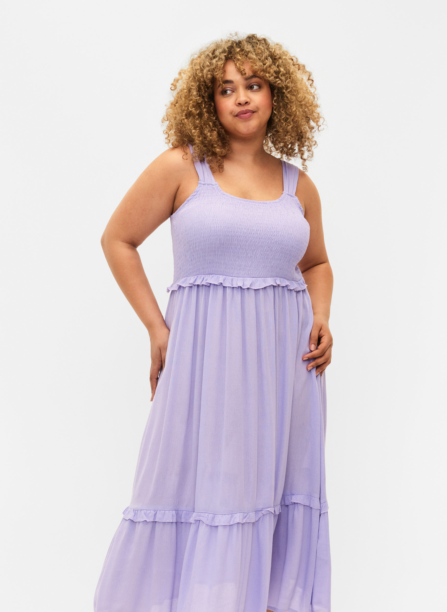 Zizzifashion Viscose midi dress with smock, Lavender, Model image number 2