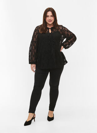 Lace blouse with tie detail, Black, Model image number 2