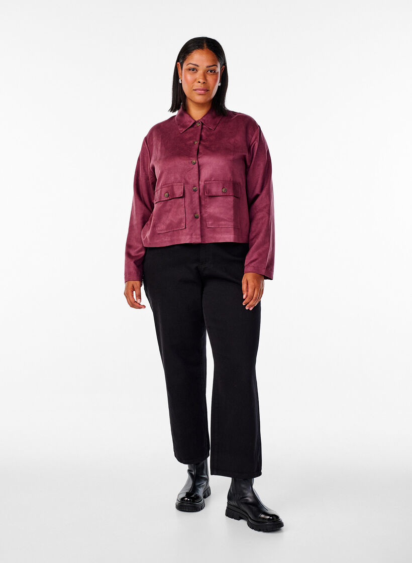 Short faux suede jacket with pockets, Red, Model image number 1