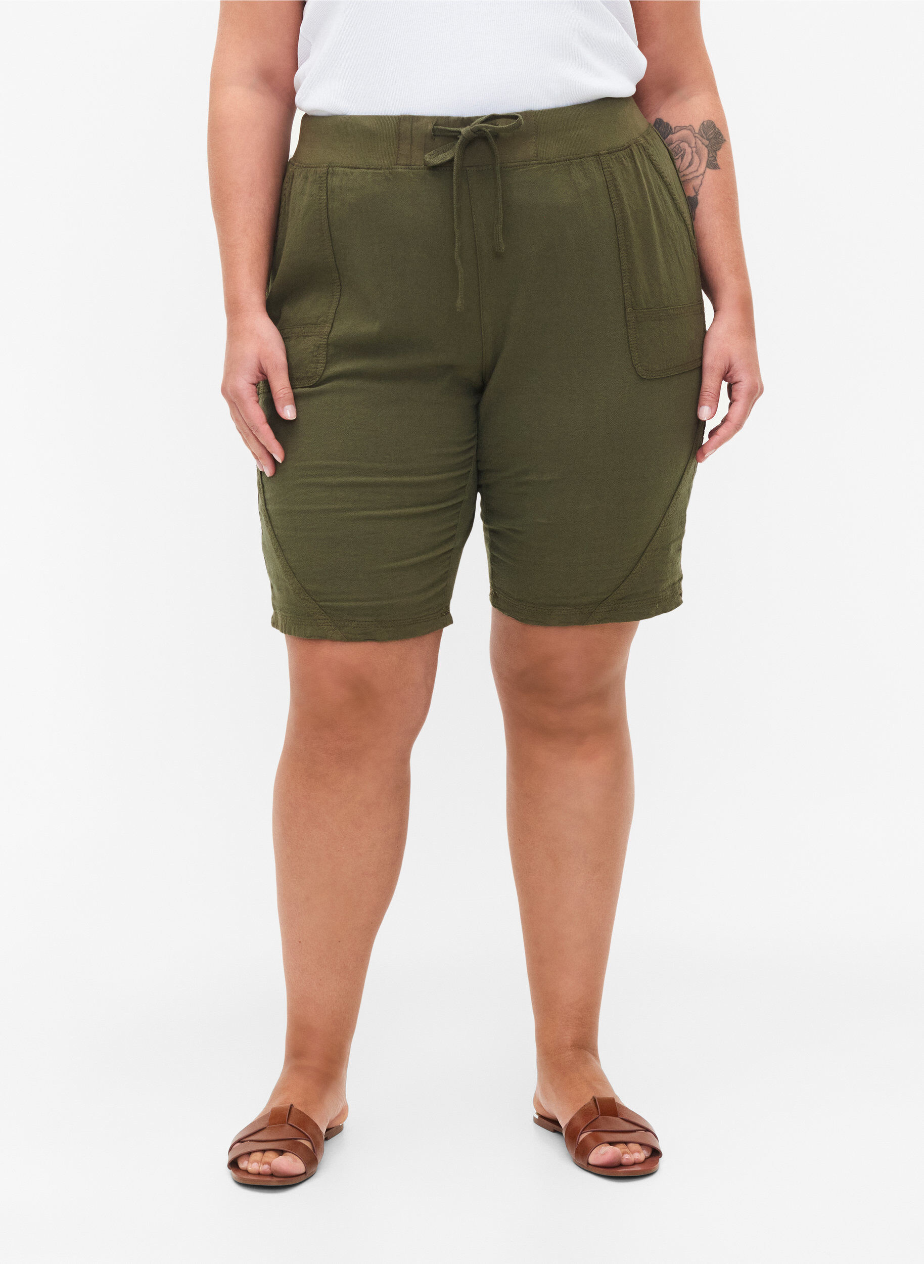 ZizzifashionLoose cotton shorts with pockets, Green, Model image number 4
