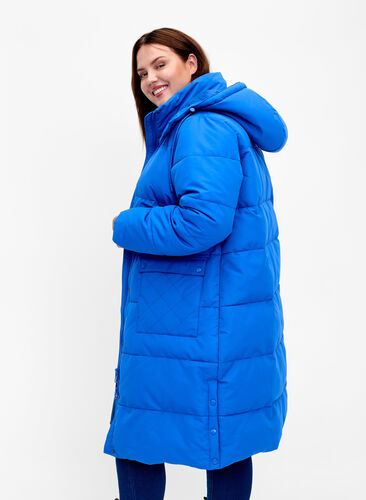 Long puffer jacket with pockets and hood, French Blue, Model image number 1