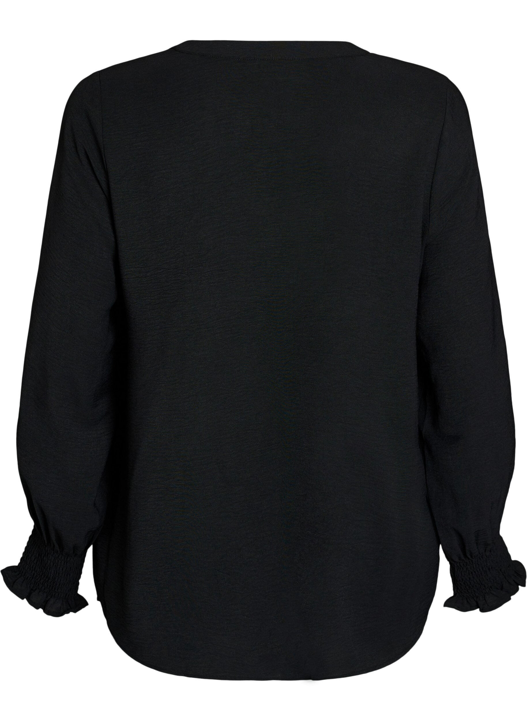 ZizzifashionBlouse with smock cuffs and V-neck, Black, Packshot image number 1
