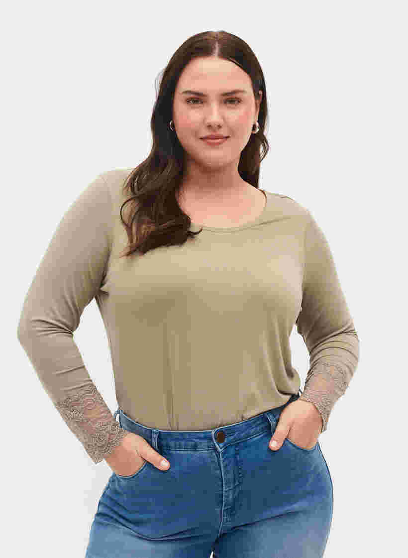 Long-sleeved viscose blouse with lace detail, Laurel Oak, Model image number 0