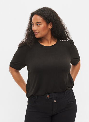 Blouse with short puff sleeves, Black, Model image number 0