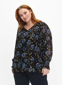 Floral blouse with long sleeves and v neck, Black Blue Flower , Model