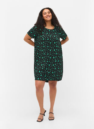 Dress with shorts sleeves, Green Flower AOP, Model image number 2