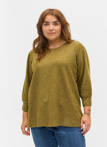 Mottled knitted top with 3/4-length sleeves, Fir Green Mel., Model image number 0