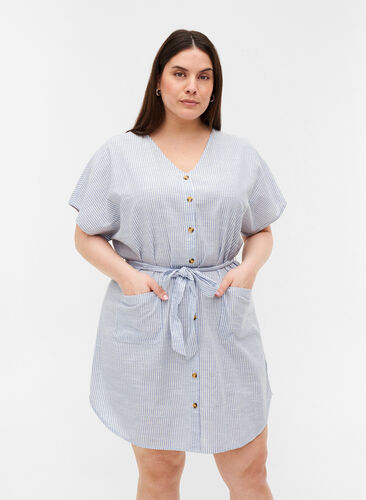 Striped shirt dress in cotton with pockets, Country Blue Stripe, Model image number 0