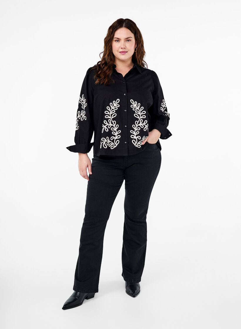 Loose cotton shirt with embroidery, Black, Model image number 2