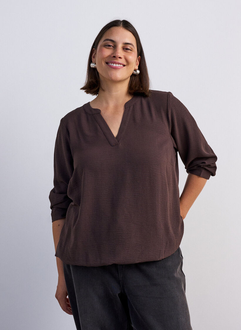 Balloon silhouette blouse with V-neck, Brown, Model image number 0